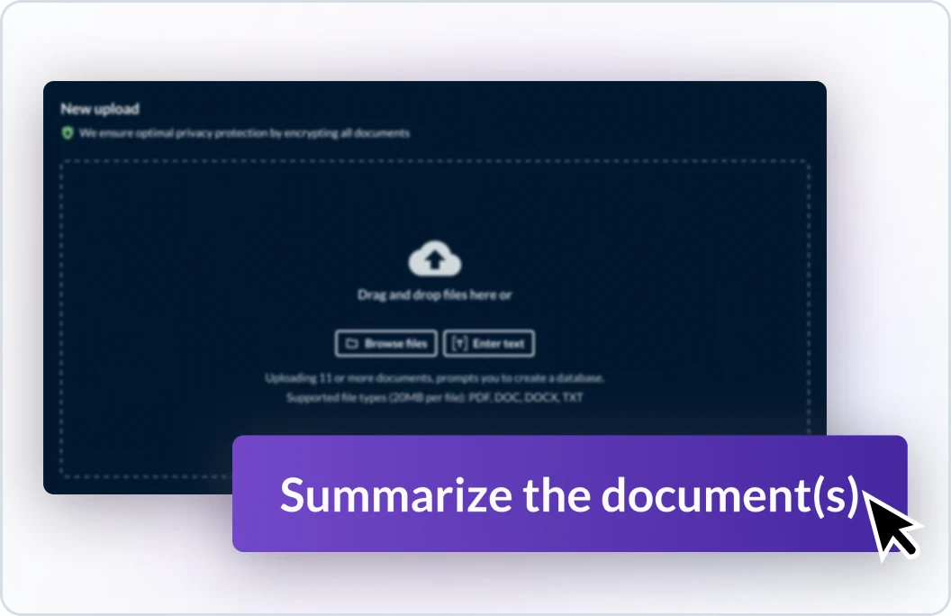 Example of how a user would upload a document and prompt Protege to summarize the document or multiple documents